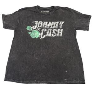 Johnny Cash Black Faded Distressed Short Sleeve T-shirt Outlaw Cowboy Hat Sz L
